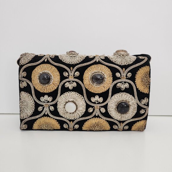 Vintage Evening Bag Jewel Beaded Black Ember Stones Embroidered 60's Clutch - Picture 2 of 8